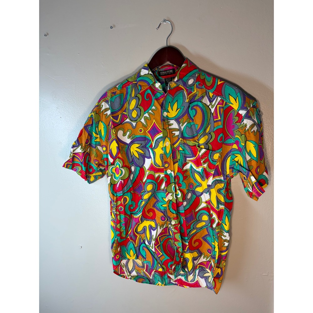 Vintage Y2K Structure Mens Small Abstract Psychedelic Print Cotton Button Down